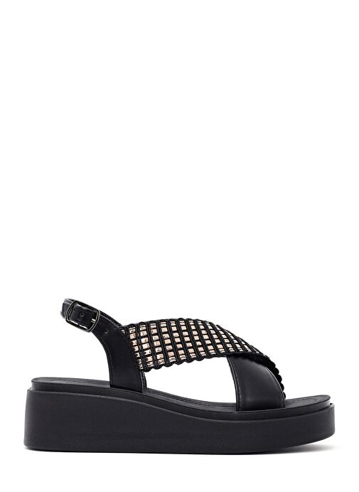 Kadın Siyah Kalın Tabanlı Taşlı Sandalet 25SFE465514 - Görsel 2