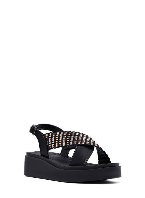 Kadın Siyah Kalın Tabanlı Taşlı Sandalet 25SFE465514 - Görsel 7
