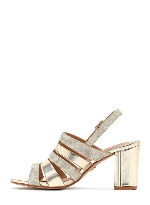 Kadın Altın Bilekten Tokalı Kalın Topuklu Metalik Sandalet 25SFE466632 - Görsel 5