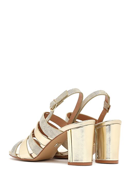 Kadın Altın Bilekten Tokalı Kalın Topuklu Metalik Sandalet 25SFE466632 - Görsel 7