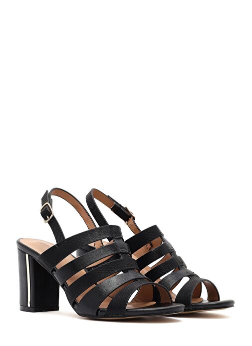Kadın Siyah Bilekten Tokalı Kalın Topuklu Sandalet 25SFE466618 - Görsel 4