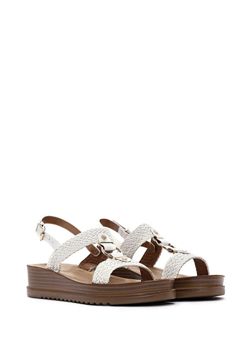 Kadın Beyaz Bilekten Bantlı Kalın Tabanlı Örgülü Sandalet 25SFE467014 - Görsel 4