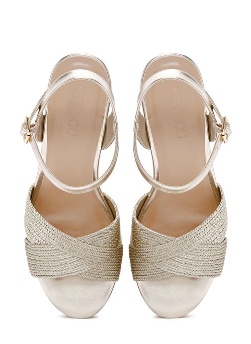 Kadın Altın Bilekten Bantlı Metalik Dolgu Topuklu Espadril 25SFE480632 - Görsel 7