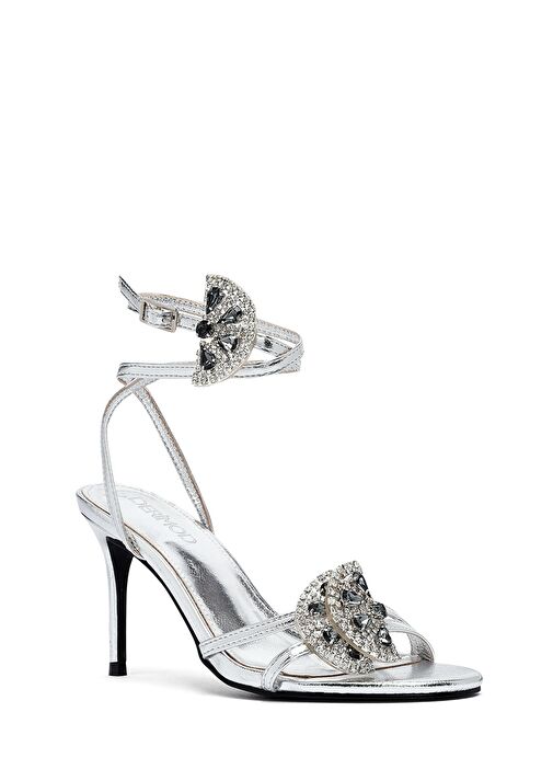 Kadın Gümüş Bilekten Tokalı Taşlı İnce Topuklu Sandalet 25SFE481932 - Görsel 8