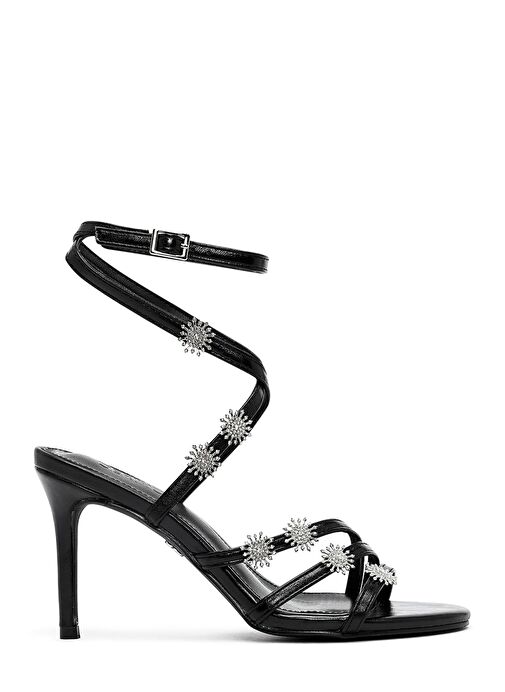 Kadın Siyah Bilekten Tokalı Taşlı Metalik İnce Topuklu Sandalet 25SFE482032 - Görsel 2