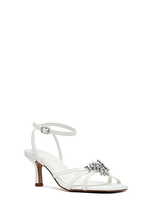 Kadın Beyaz Bilekten Tokalı Taşlı İnce Kısa Topuklu Sandalet 25SFE481818 - Görsel 8