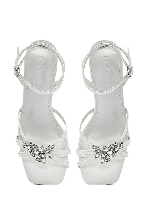 Kadın Beyaz Bilekten Tokalı Taşlı İnce Kısa Topuklu Sandalet 25SFE481818 - Görsel 9