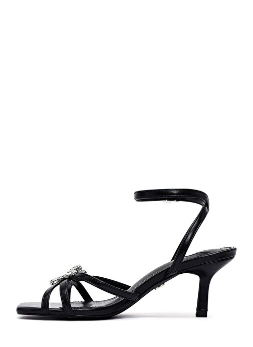 Kadın Siyah Bilekten Tokalı Taşlı İnce Kısa Topuklu Sandalet 25SFE481818 - Görsel 5
