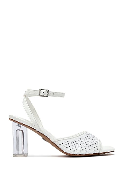 Kadın Beyaz Bilekten Tokalı Taşlı Şeffaf Kalın Topuklu Sandalet 25SFE481714 - Görsel 2