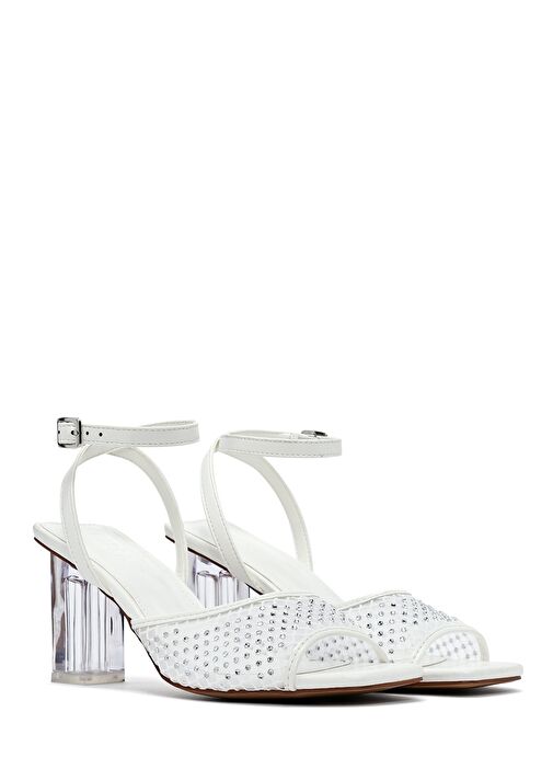 Kadın Beyaz Bilekten Tokalı Taşlı Şeffaf Kalın Topuklu Sandalet 25SFE481714 - Görsel 4