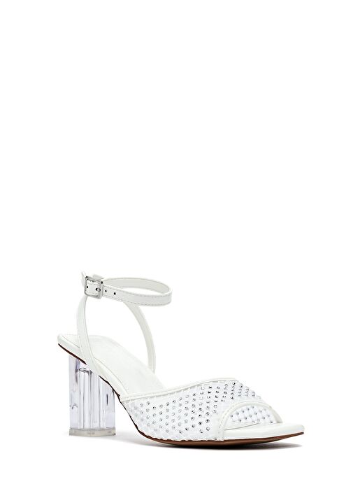 Kadın Beyaz Bilekten Tokalı Taşlı Şeffaf Kalın Topuklu Sandalet 25SFE481714 - Görsel 8