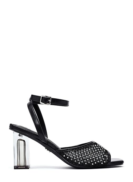 Kadın Siyah Bilekten Tokalı Taşlı Şeffaf Kalın Topuklu Sandalet 25SFE481714 - Görsel 2