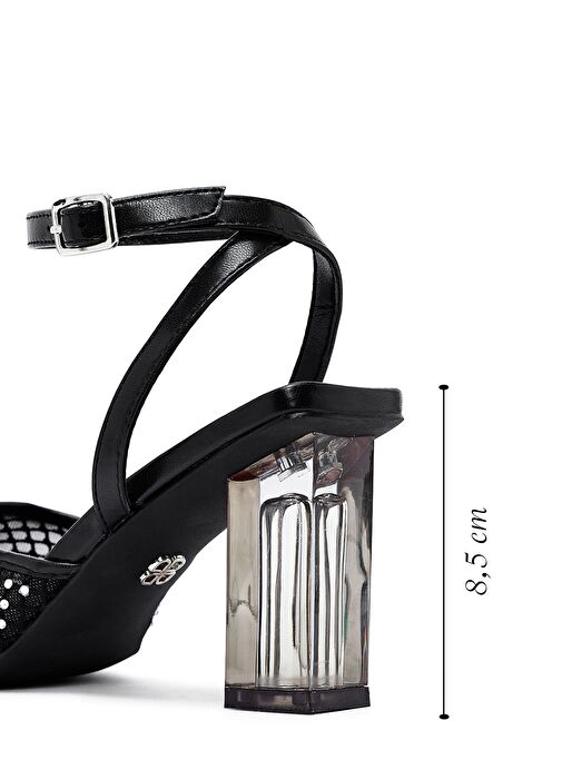 Kadın Siyah Bilekten Tokalı Taşlı Şeffaf Kalın Topuklu Sandalet 25SFE481714 - Görsel 4