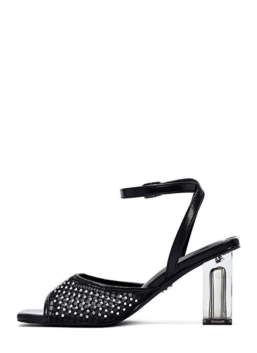 Kadın Siyah Bilekten Tokalı Taşlı Şeffaf Kalın Topuklu Sandalet 25SFE481714 - Görsel 6