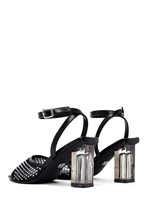 Kadın Siyah Bilekten Tokalı Taşlı Şeffaf Kalın Topuklu Sandalet 25SFE481714 - Görsel 8