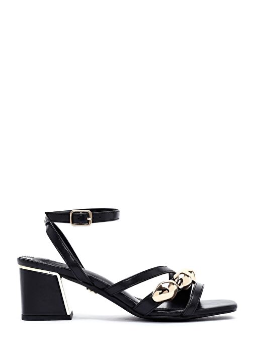 Kadın Siyah Bilekten Tokalı Kısa Kalın Topuklu Sandalet 25SFE481418 - Görsel 2