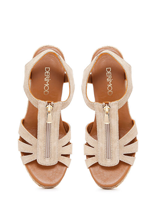 Kadın Bej Fermuarlı Dolgu Topuklu Süet Deri Espadril 25SFD206010 - Görsel 8