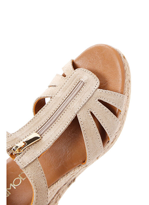 Kadın Bej Fermuarlı Dolgu Topuklu Süet Deri Espadril 25SFD206010 - Görsel 9