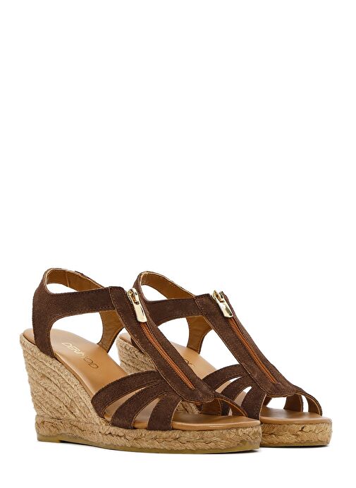 Kadın Kahverengi Fermuarlı Dolgu Topuklu Süet Deri Espadril 25SFD206010 - Görsel 4