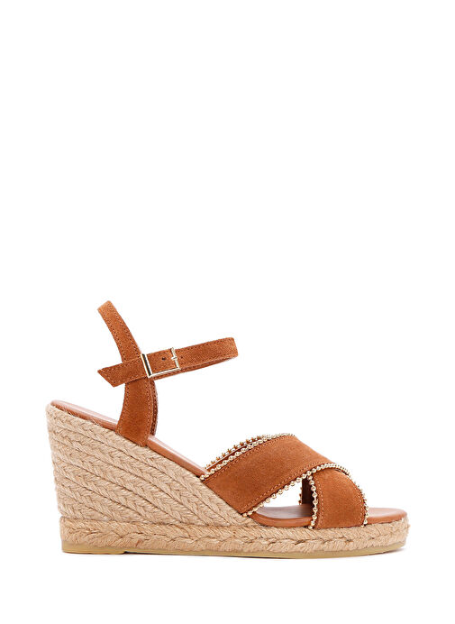 Kadın Taba Bilekten Bantlı Dolgu Topuklu Süet Deri Espadril Sandalet 25SFD205910 - Görsel 2