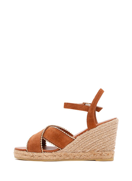 Kadın Taba Bilekten Bantlı Dolgu Topuklu Süet Deri Espadril Sandalet 25SFD205910 - Görsel 5