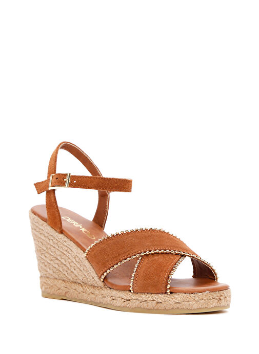 Kadın Taba Bilekten Bantlı Dolgu Topuklu Süet Deri Espadril Sandalet 25SFD205910 - Görsel 8