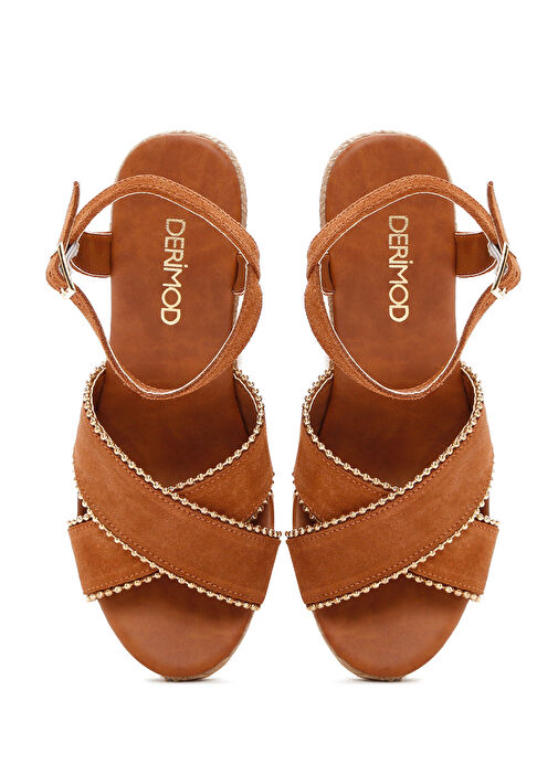 Kadın Taba Bilekten Bantlı Dolgu Topuklu Süet Deri Espadril Sandalet 25SFD205910 - Görsel 9