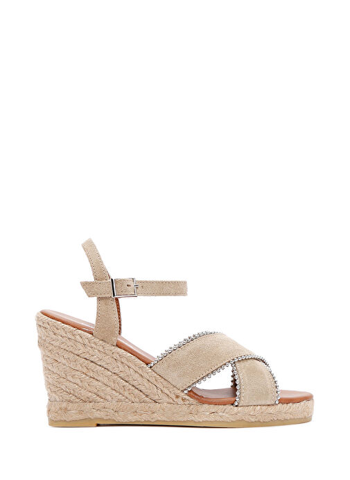 Kadın Bej Bilekten Bantlı Dolgu Topuklu Süet Deri Espadril Sandalet 25SFD205910 - Görsel 2