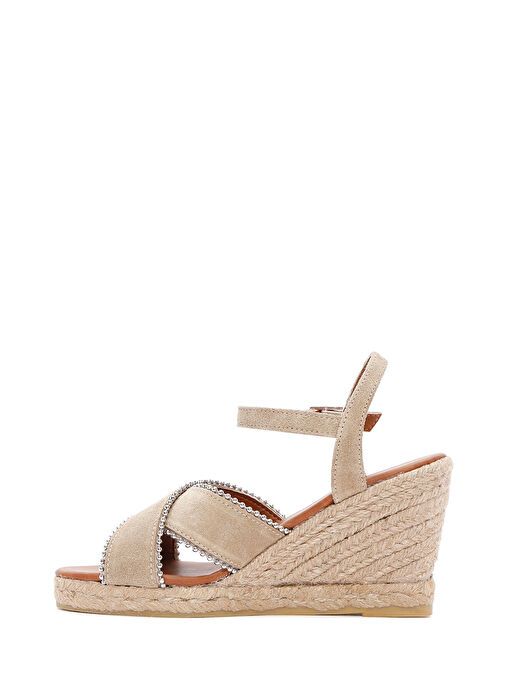 Kadın Bej Bilekten Bantlı Dolgu Topuklu Süet Deri Espadril Sandalet 25SFD205910 - Görsel 5