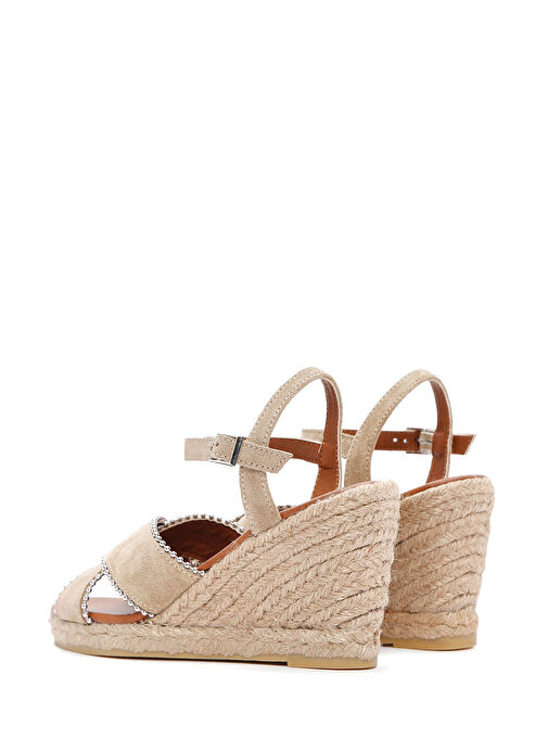 Kadın Bej Bilekten Bantlı Dolgu Topuklu Süet Deri Espadril Sandalet 25SFD205910 - Görsel 7