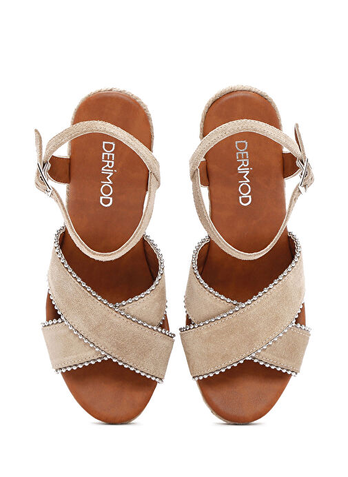 Kadın Bej Bilekten Bantlı Dolgu Topuklu Süet Deri Espadril Sandalet 25SFD205910 - Görsel 9