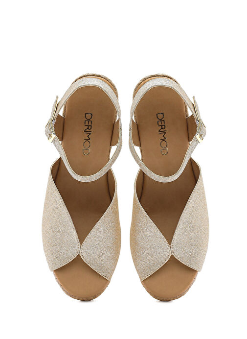 Kadın Altın Simli Bilekten Tokalı Dolgu Topuklu Espadril Sandalet 25SFD2074SM - Görsel 9