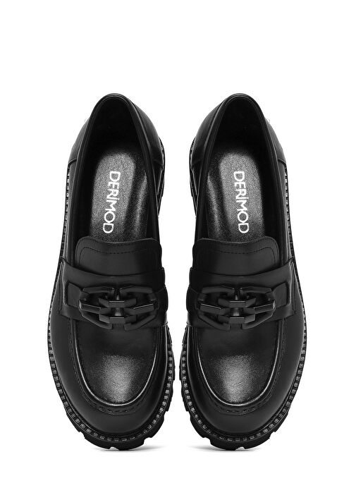 Kadın Siyah Kalın Tabanlı Deri Maskülen Loafer 25SFD180318 - Görsel 7