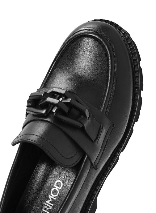 Kadın Siyah Kalın Tabanlı Deri Maskülen Loafer 25SFD180318 - Görsel 9