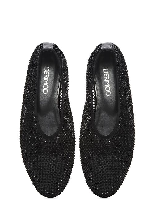 Kadın Siyah Taşlı Deri Babet 25SFD1817TS - Görsel 8