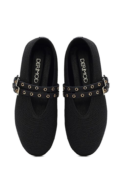 Kadın Siyah Çift Tokalı Hasır Deri Babet 25SFD1820M7 - Görsel 8