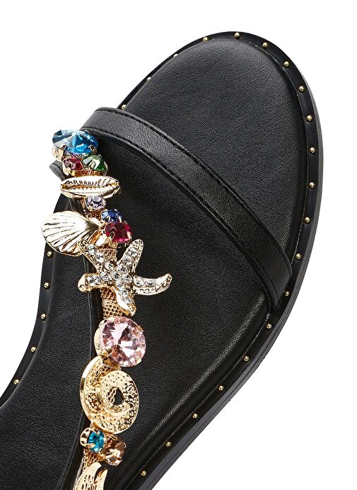 Kadın Siyah Bilekten Tokalı Taşlı Sandalet 25SFD441714 - Görsel 9