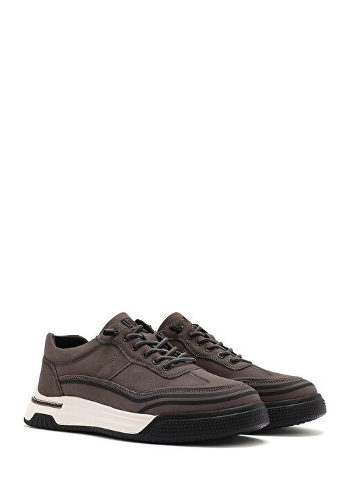 Erkek Gri Bağcıklı Kalın Tabanlı Nubuk Deri Sneaker 25SFD6935V3 - Görsel 4