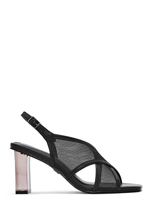 Kadın Siyah Bilekten Tokalı Kalın Topuklu Kumaş Sandalet 25SFD44256F - Görsel 2