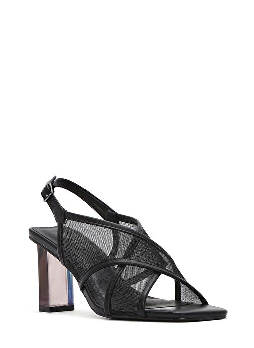Kadın Siyah Bilekten Tokalı Kalın Topuklu Kumaş Sandalet 25SFD44256F - Görsel 8