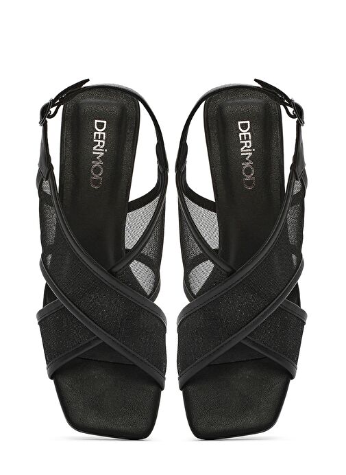 Kadın Siyah Bilekten Tokalı Kalın Topuklu Kumaş Sandalet 25SFD44256F - Görsel 9