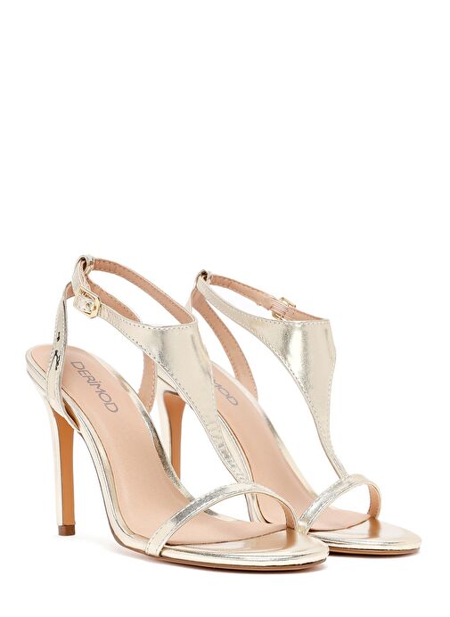 Kadın Altın Bilekten Tokalı Yüksek İnce Topuklu Metalik Sandalet 25SFD443032 - Görsel 4