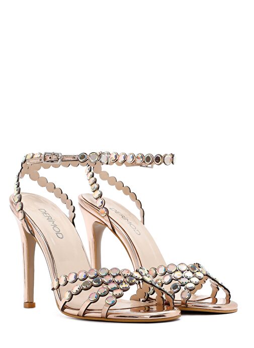 Kadın Altın Taşlı Yüksek İnce Topuklu Sandalet 25SFE3908TS - Görsel 4