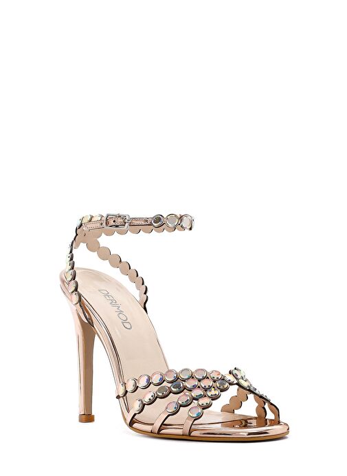 Kadın Altın Taşlı Yüksek İnce Topuklu Sandalet 25SFE3908TS - Görsel 8