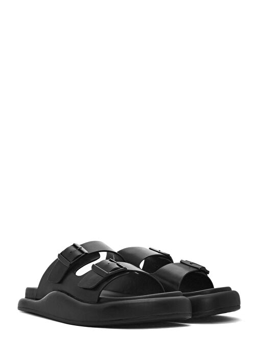 Erkek Siyah Tokalı Deri Terlik 25SFD6966PV - Görsel 4