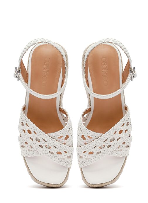 Kadın Beyaz Bilekten Tokalı Dolgu Topuklu Örgü Sandalet 25SFE451829 - Görsel 9