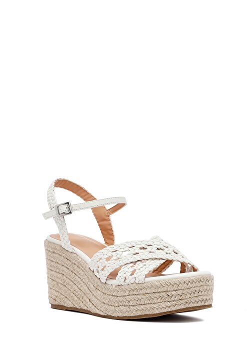 Kadın Beyaz Bilekten Tokalı Dolgu Topuklu Örgü Sandalet 25SFE451829 - Görsel 8