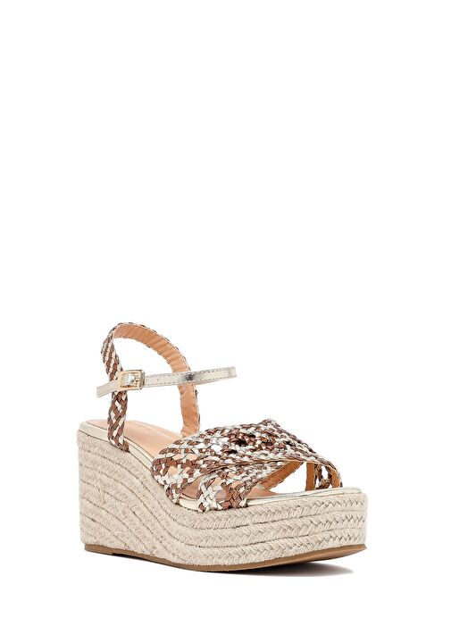 Kadın Altın Bilekten Tokalı Dolgu Topuklu Örgü Sandalet 25SFE451829 - Görsel 8