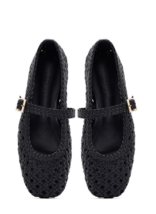 Kadın Siyah Tokalı Örgülü Babet 25SFE452029 - Görsel 8