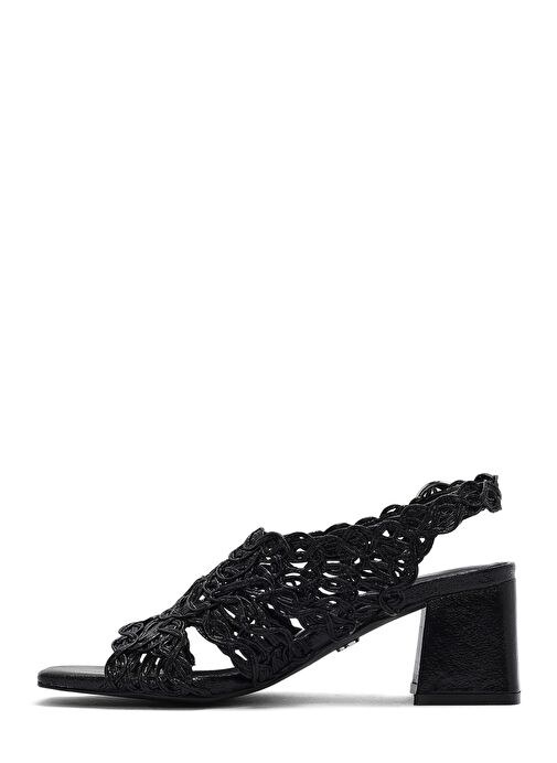 Kadın Siyah Örgülü Metalik Kalın Kısa Topuklu Sandalet 25SFD440632 - Görsel 5
